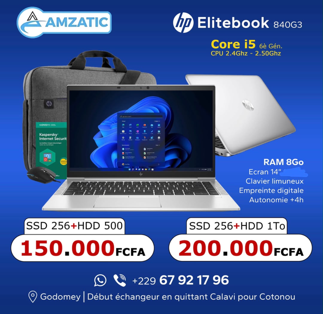 PC Portable HP Elitebook 840G3 – Intel Core i5 6è Génération - Écran 14" - RAM 8Go - SSD 256Go + HDD 500Go