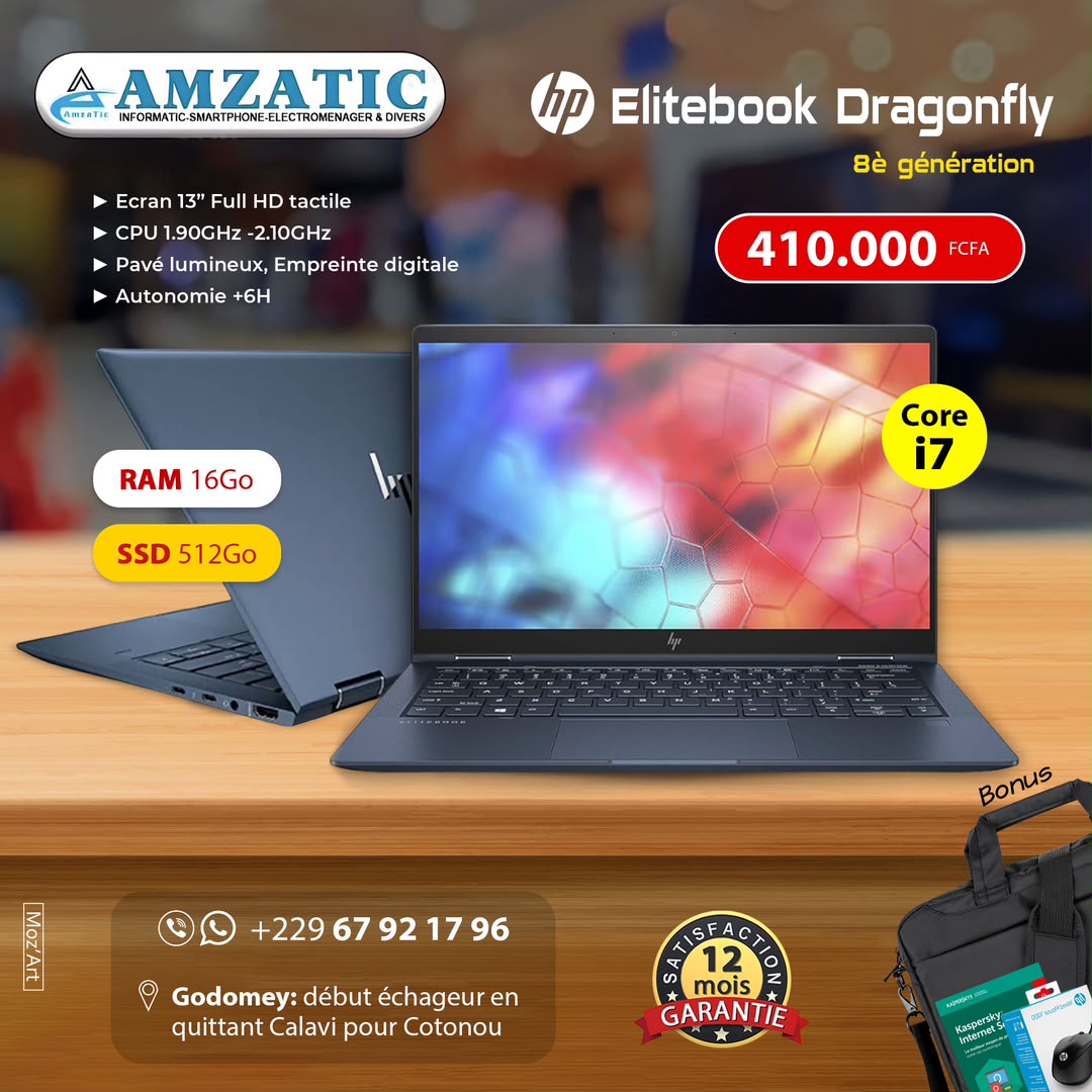 PC Portable HP EliteBook Dragonfly – Intel Core i7 8è Génération - Écran Tactile 13" FHD - RAM 16Go - SSD 512Go