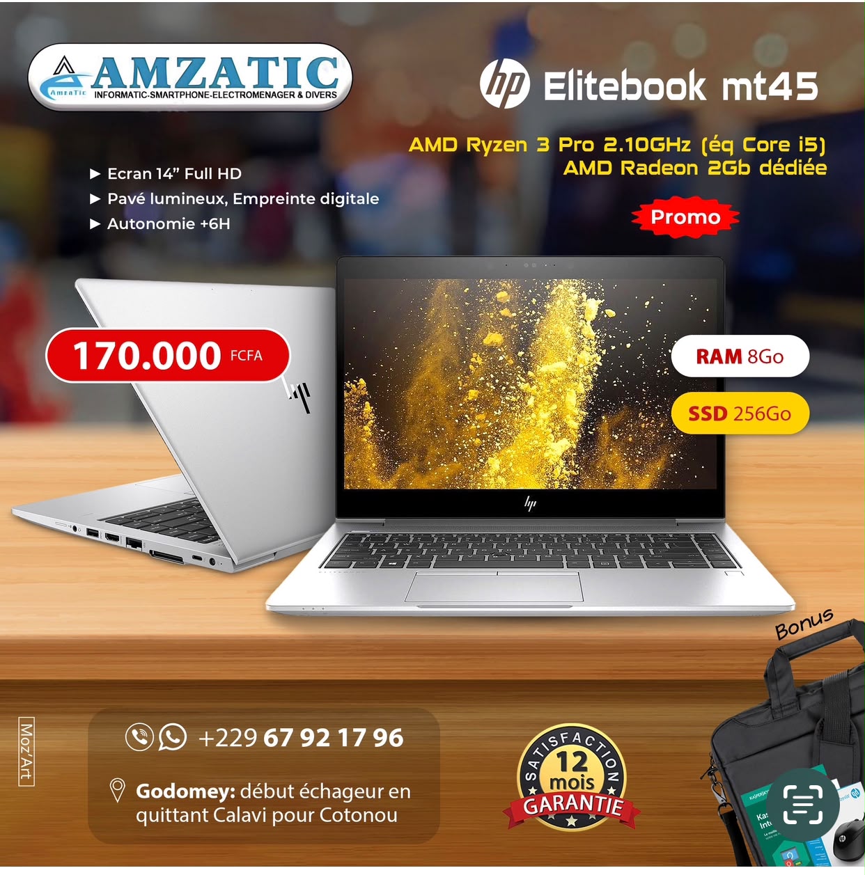 PC Portable HP Elitebook mt45 – AMD Ryzen 3 Pro 2.10GHz (Éq Core i5) - Éran 14" FHD - RAM 8Go - SSD 256Go - Radeon 2Go Dédiée