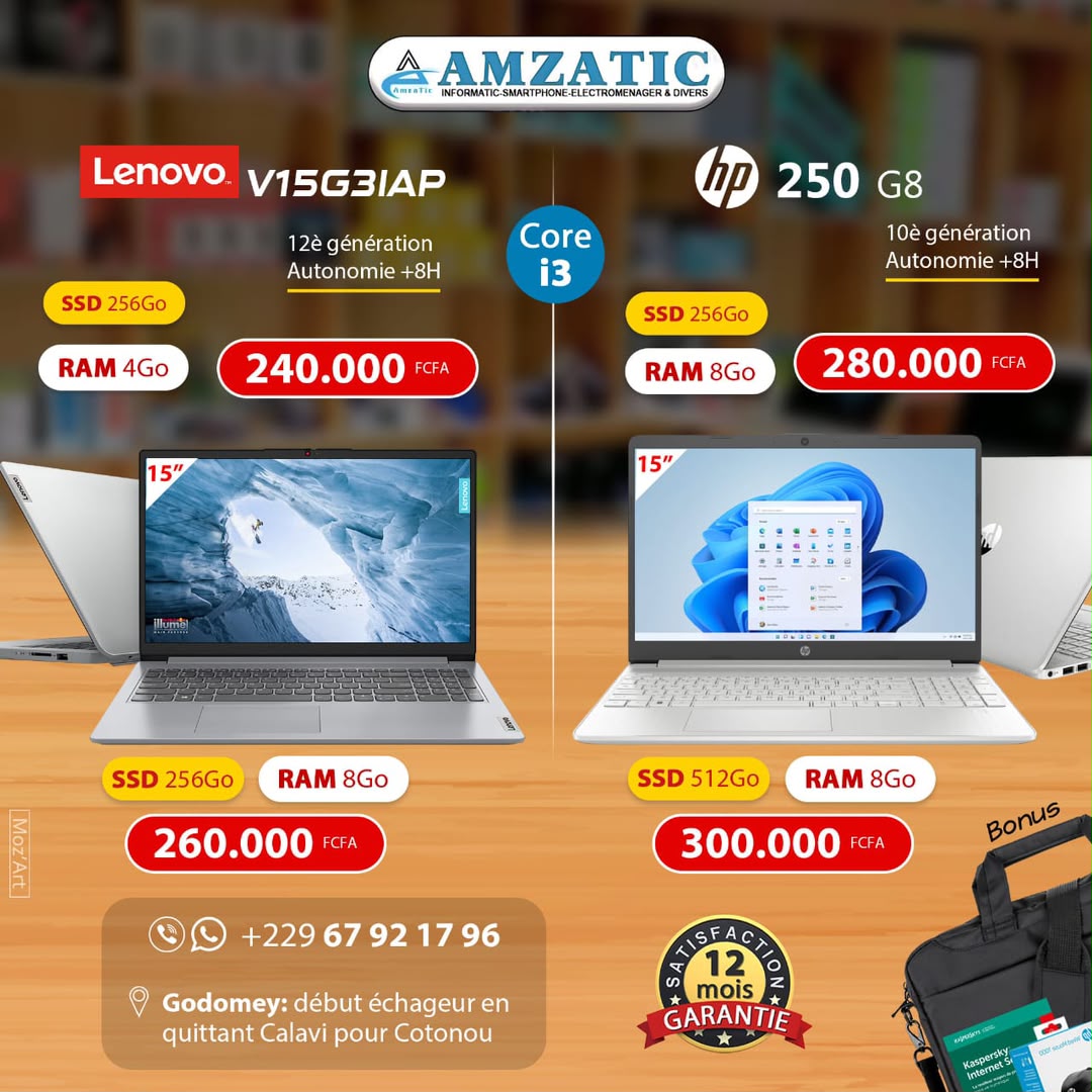 PC Portable Lenovo V15 G3 IAP – Intel Core i3 12è Génération - Écran 15" - RAM 8Go - SSD 256Go